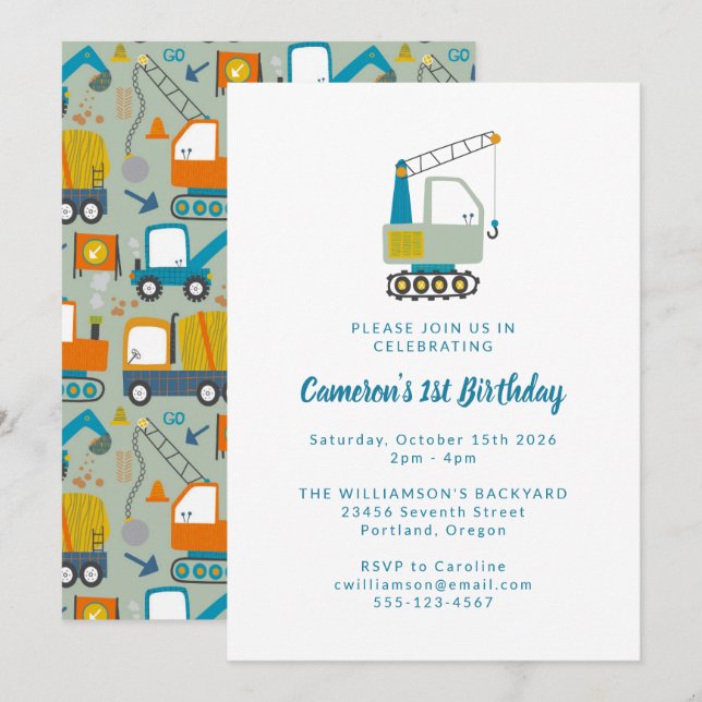 Byggregat Lastbilar Blue 1 Birthday Party Inbjudningar (Fram/baksida)