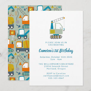 Byggregat Lastbilar Blue 1 Birthday Party Inbjudningar