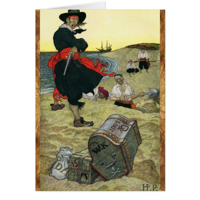 BYGGT TRÄFTESTCHEST OCH PIRATER TRASURE KARTOR HÄLSNINGSKORT (Framsidan)