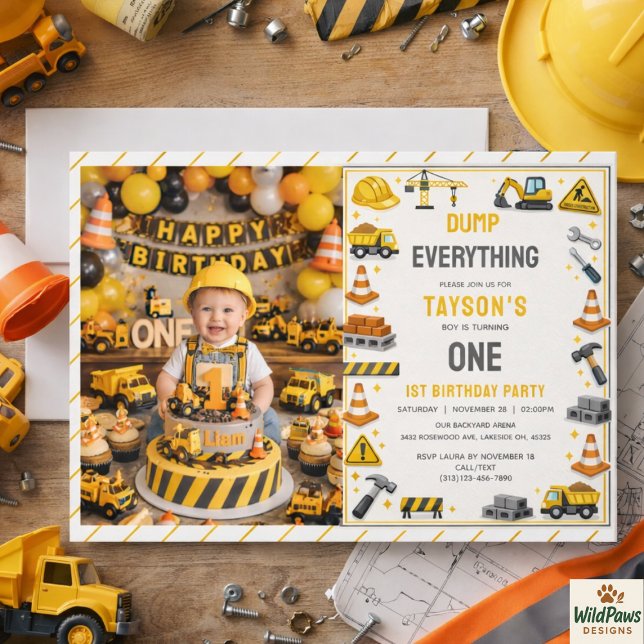 Byggtema 1-års födelsedag | Byggarlastbilsfest Inbjudningar (Construction 1ST Birthday | Builder Truck Party Invitation
)