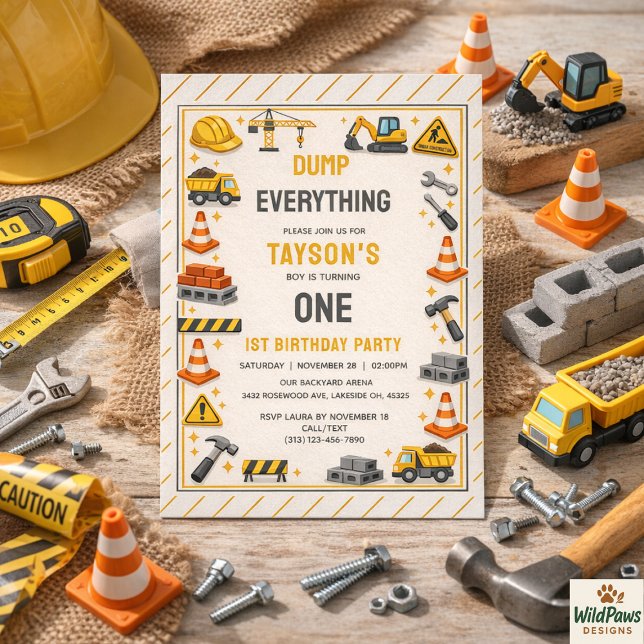 Byggtema 1-årsfest | Byggarbilsparty  Inbjudningar (Construction 1ST Birthday | Builder Truck Party Invitation
)