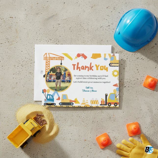 Byggtema Fotofödselsdagskalas Tack Kort (Birthday Thank You Card)