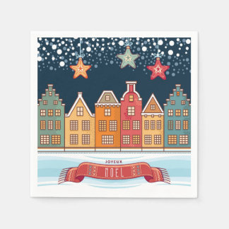 Byillustration av Joyeux Noel-stadshus i snö Pappersservett