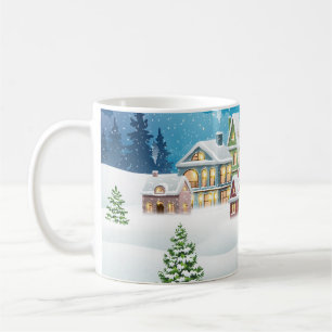 Bylandskapet i vintertid med snö täckt kaffemugg