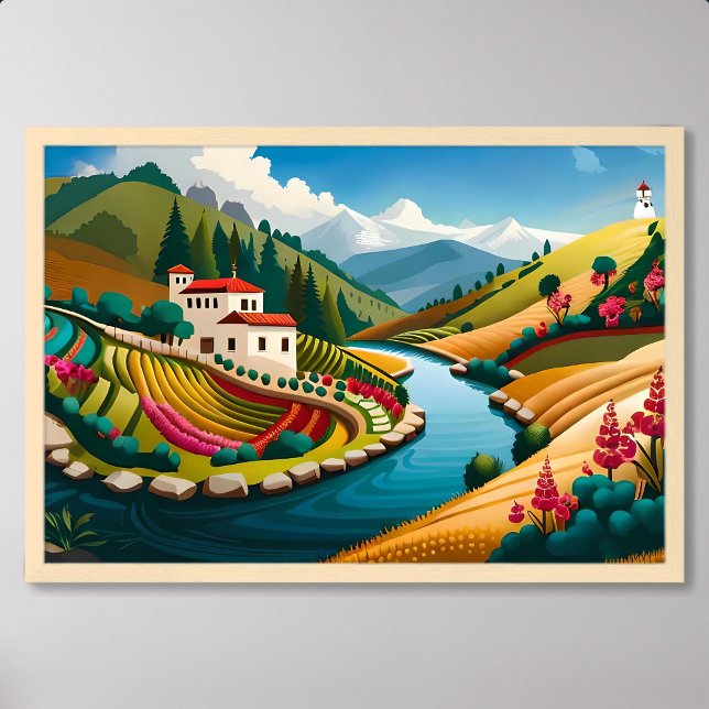 Bymålning med Rocky River och Lush Fält Poster (Village Painting with Rocky River and Lush Fields)