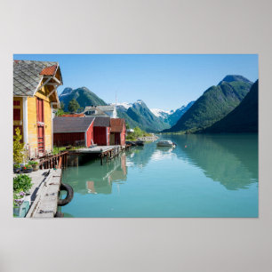 Byn av Fjærland, fjord i norgeaffisch Poster