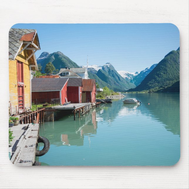 Byn av Fjærland och fjorden, norgemousepad Musmatta (Framsidan)