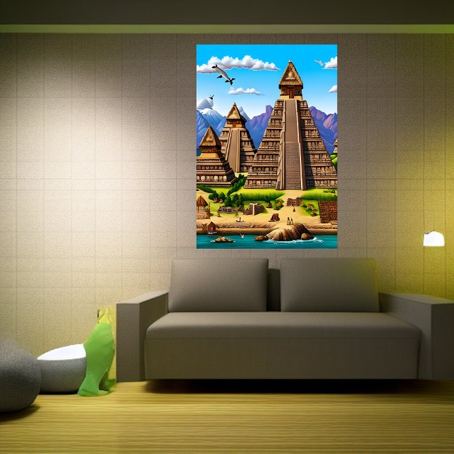 Byn Aztec nära en flod | AI Art Poster (Skapare uppladdad)