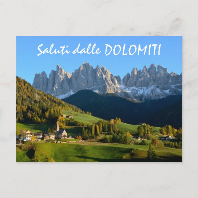 Byn Dolomites i fallitaliensk vykort (Framsida)