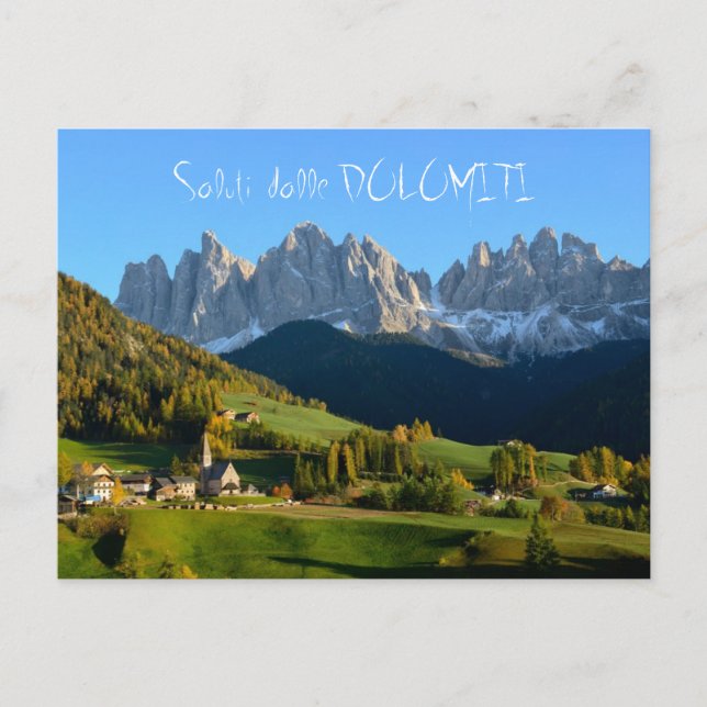 Byn Dolomites i hönsen "saluti" vykort (Framsida)