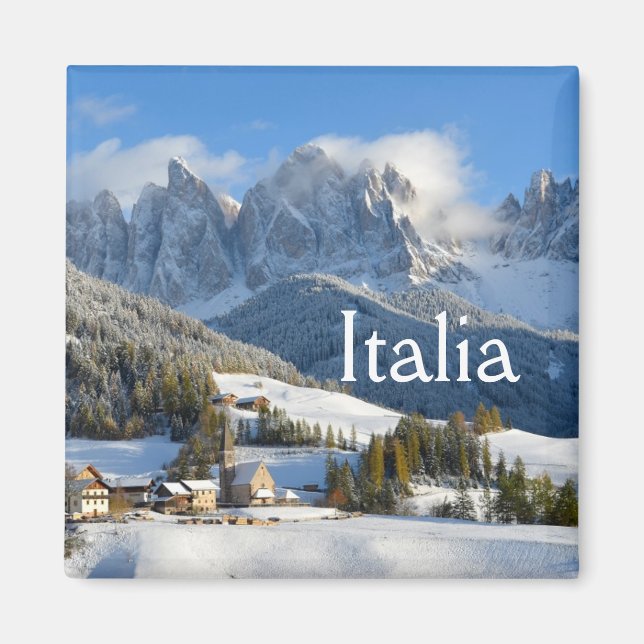 Byn Dolomites på vintertextmagnet Magnet (Framsidan)