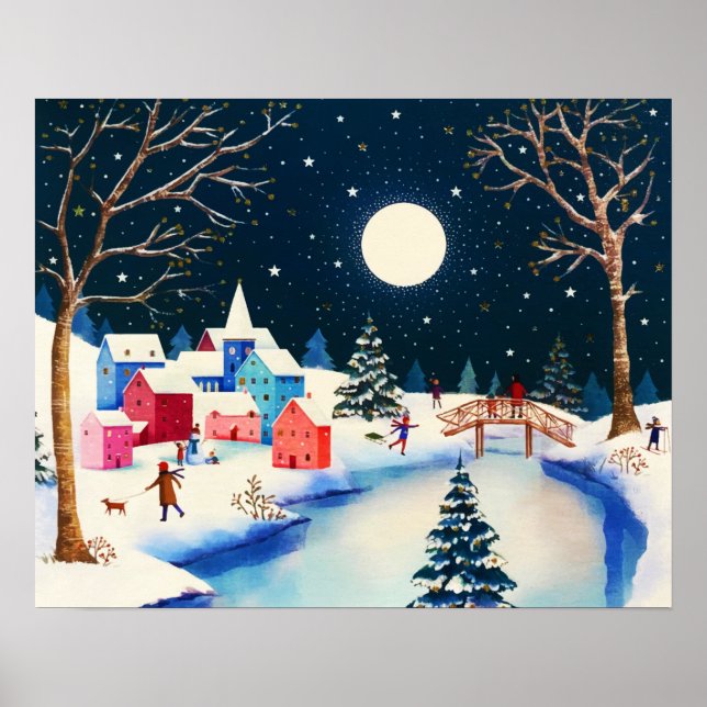 byn Festive Blue Winter Snö Poster (Framsidan)