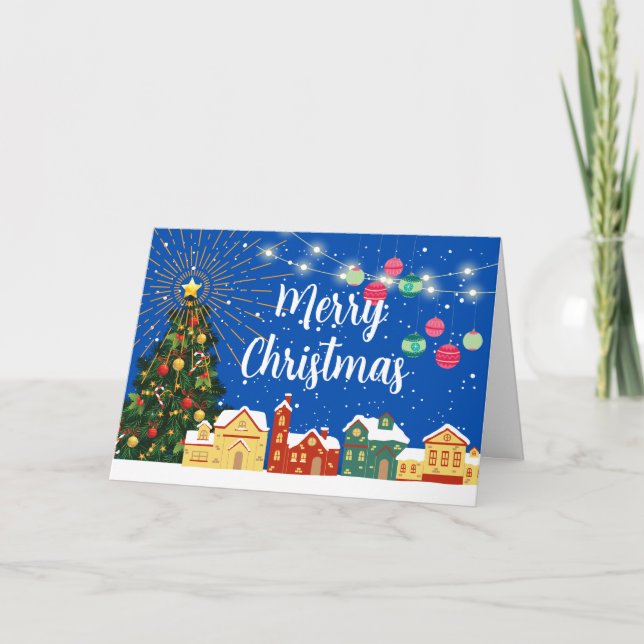 byn god jul Snö och den dekorerade Träd Helgkort (Framsida)