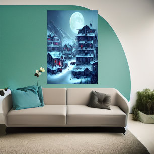 Byn i snö-berget på natten AI Art Poster