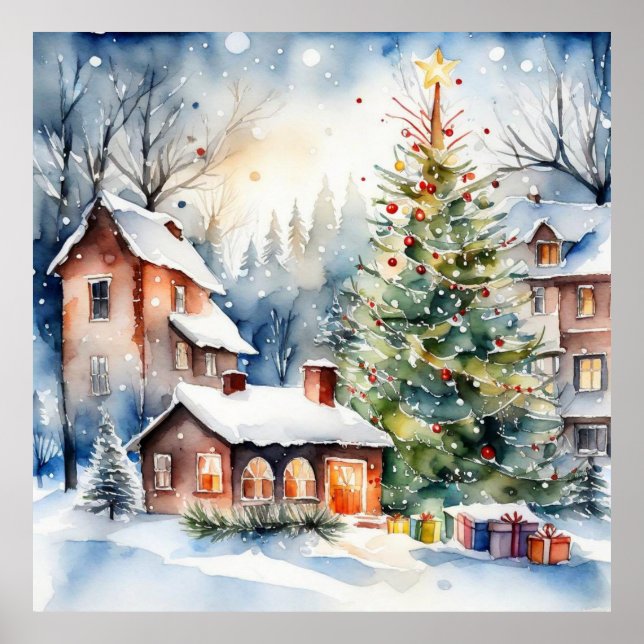 Byn julgran Julafton snöpic Poster (Framsidan)