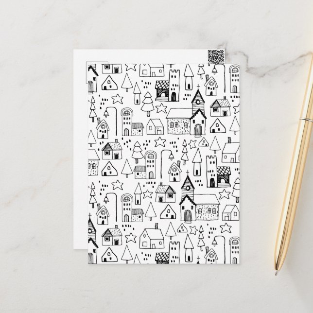 Byn Kids Julafton Whimsical Black & White Inbjudan (Fram/Back In Situ)