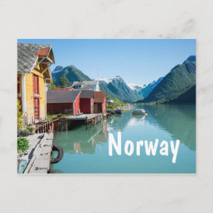 Byn och fjord i vykort för Norge