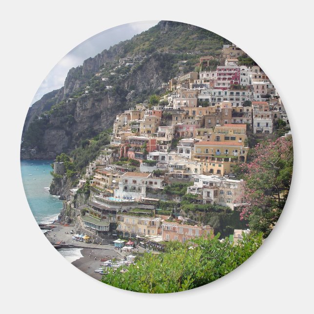 Byn Positano vid den runda magneten Amalfi kusten Magnet (Framsidan)