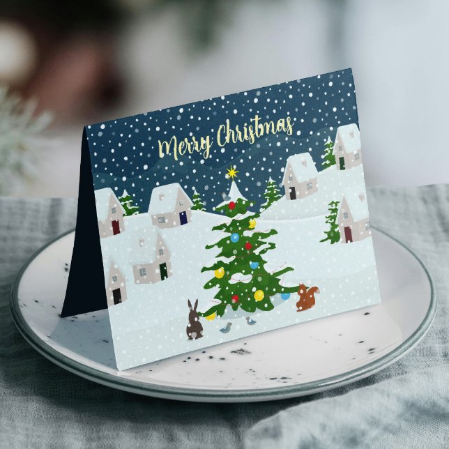 Byn snö vid jul med söta djur meddelande (Christmas snow village with cute animals custom card, personalize it with your photo and text.)
