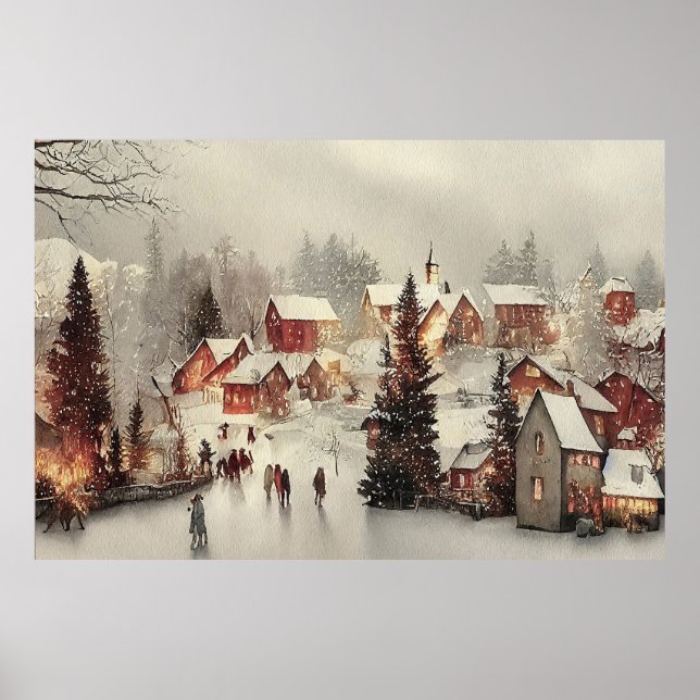 Byn vintage snowy helgdag poster (Framsidan)