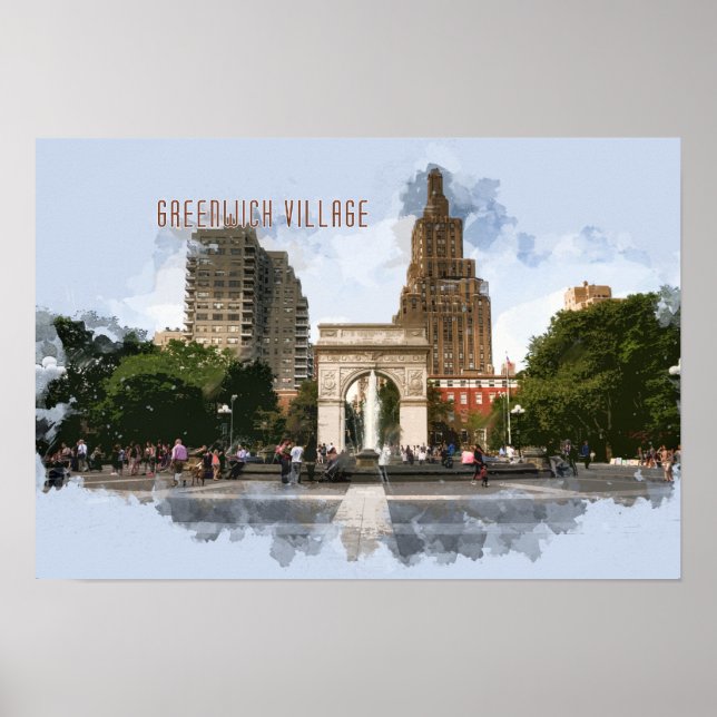Byn Washington Square Park Greenwich med text Poster (Framsidan)