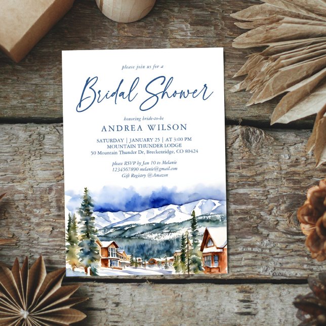 Byn Winter möhippa snowy Berg Inbjudningar (Winter bridal shower watercolor snowy mountain village scenery template invitation digital download)