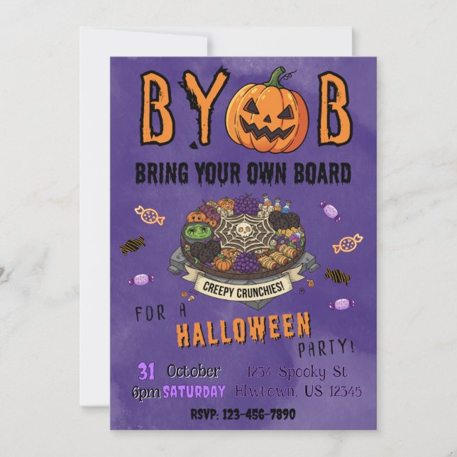 BYOB Charcuterie Board Halloween Party Invite Inbjudningar (Framsida)
