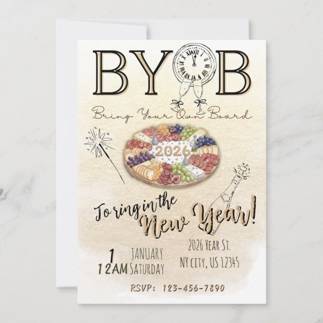 BYOB Charcuterie Board New Years Eve Party Invite Inbjudningar (Framsida)