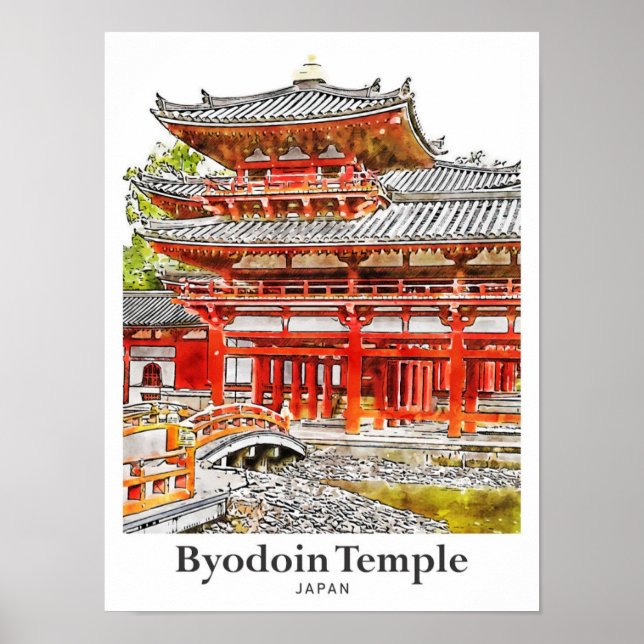 Byodoin Temple Japan Travel Watercolor Hand plocka Poster (Framsidan)