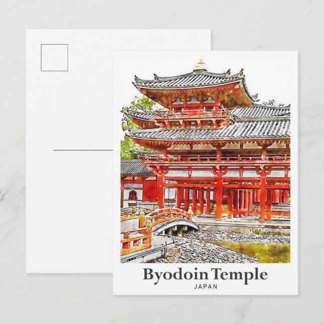 Byodoin-templet Japan Resa Akvarell Handritad Vykort (Fram/baksida)