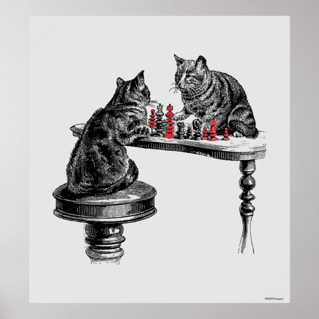 Byrspel två katter som spelar Chess Match Red Poster (Framsidan)