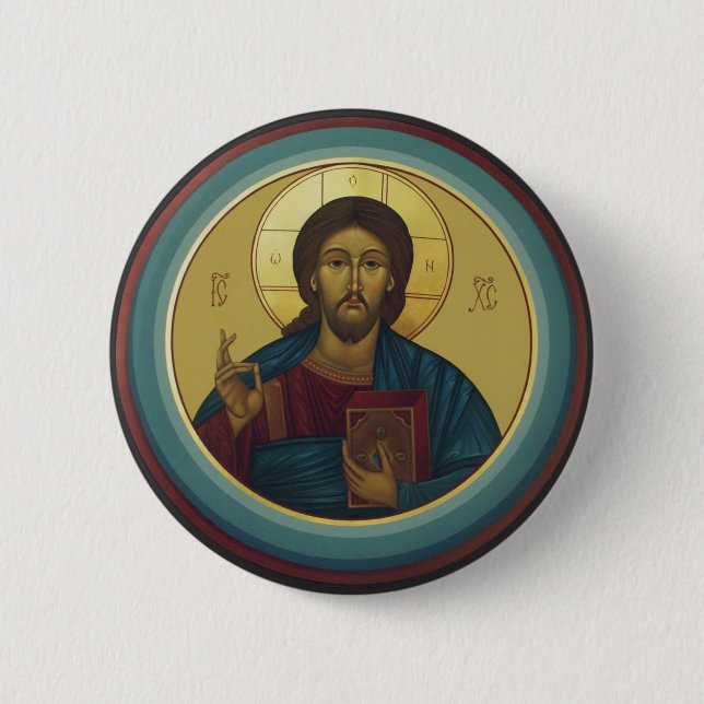 Bysantinsk Kristus Pantokrator Rund Mosaikkonst Knapp (Framsida)