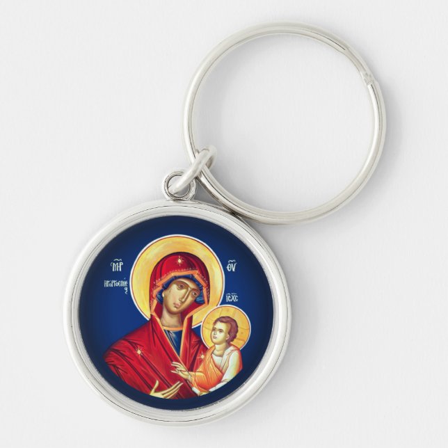 Bysantinska kristna ortodoxa ikoner: Virgin Mary Rund Silverfärgad Nyckelring (Framsidan)