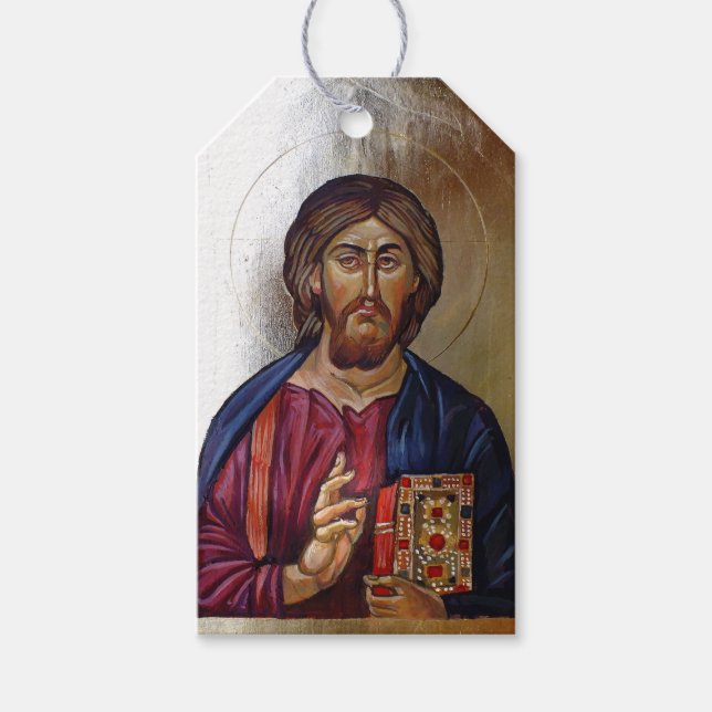 Bysantisk ikon för Kristus Pantocrator Presentetikett (Framsidan)