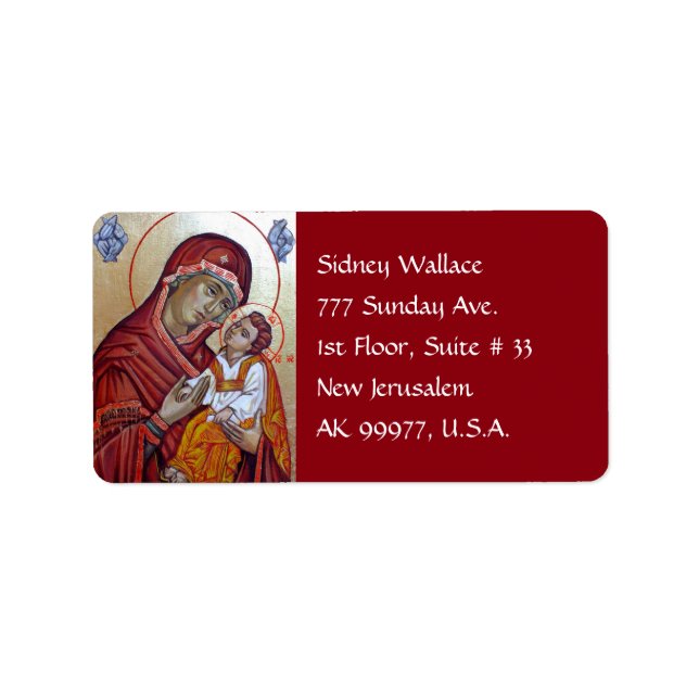 Bysantiska Stil-ikonen Saint Mary Teotokos Adressetikett (Framsidan)