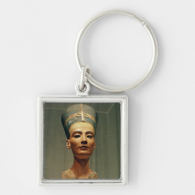 Bysten av drottningen Nefertiti, beklär beskådar Fyrkantig Silverfärgad Nyckelring (Framsidan)