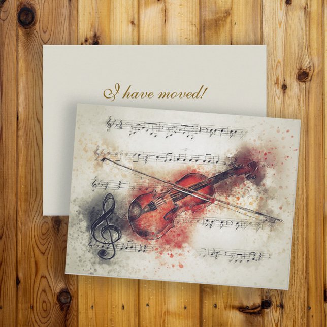 Byt adress Akvarell Violin Noter Vykort (Elegant violin/music change of address card)