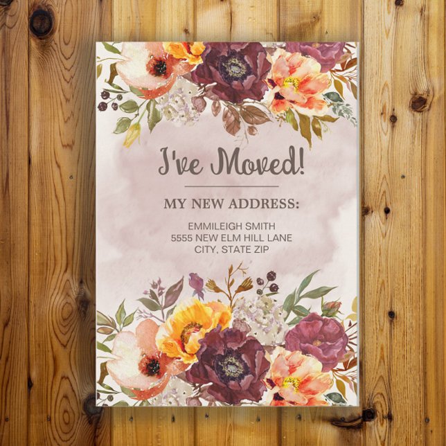 Byt adress Höst Burgundy Orange Blommig Meddelande (Rustic fall floral change of address moving announcement)