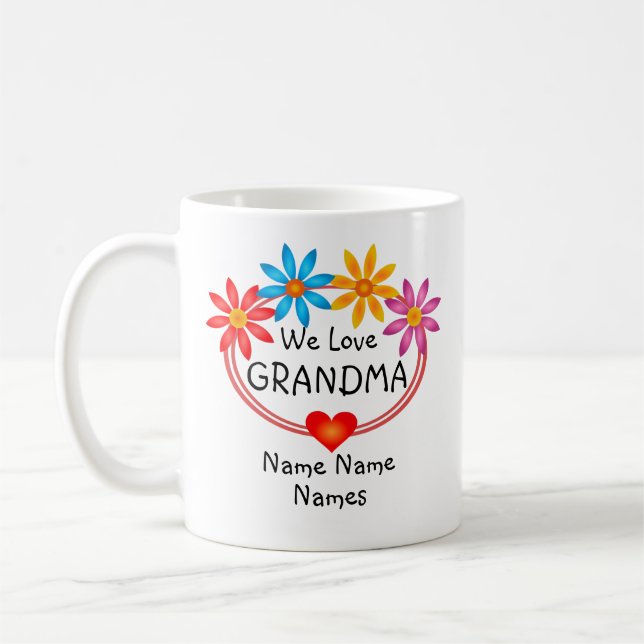 Byt ALLA Namn Grandma Kids Namn Flower Heart Kaffemugg (Vänster)
