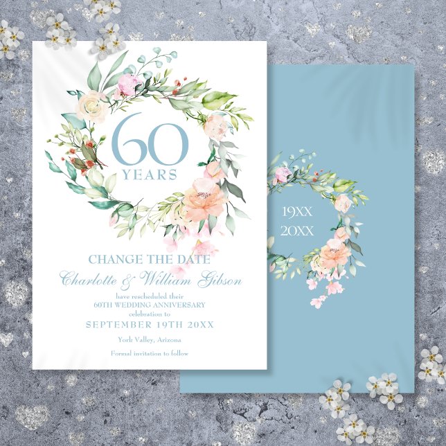 Byt datum 60-årsjubileum Rosor Garland Inbjudningar (Change the Date 60th Anniversary Roses Garland Invitation)