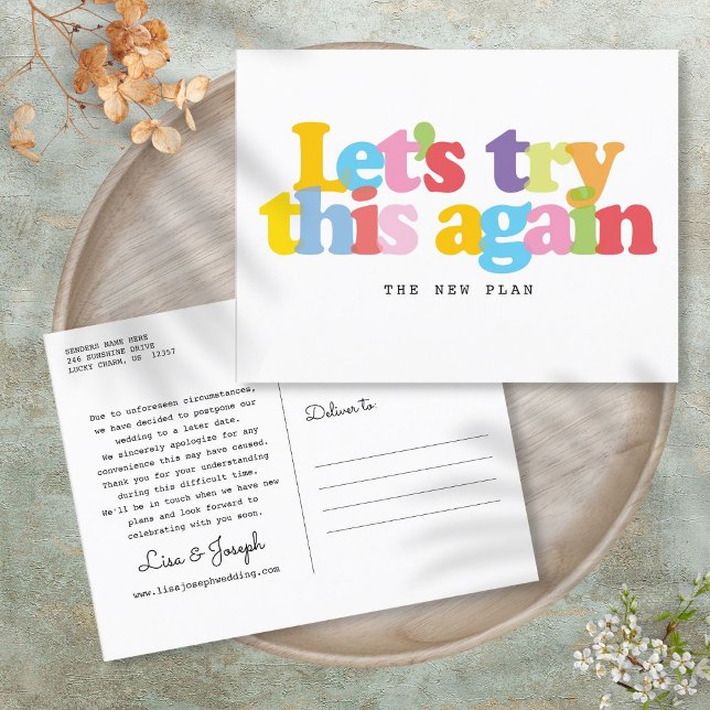 Byt datum fördröjd händelse Färgrik Meddelande Vykort (Change The Date Postponed Event Colorful Announcement Postcard)