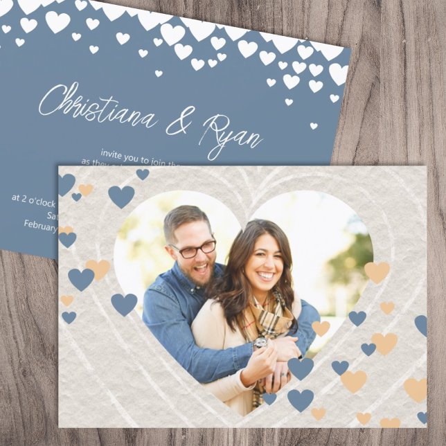 Byt hjärt Färg, Blå Grått Alla hjärtans Bröllop Inbjudningar (unique valentines february wedding invitations blue natural beige rustic cute hearts romantic)