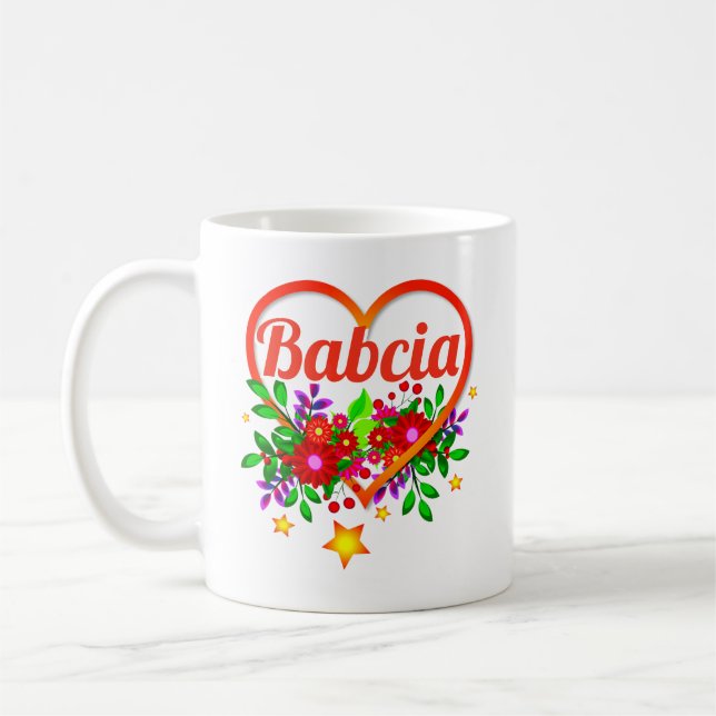 Byt mormor Namn - Babcia Heart & Flowers Kaffemugg (Vänster)
