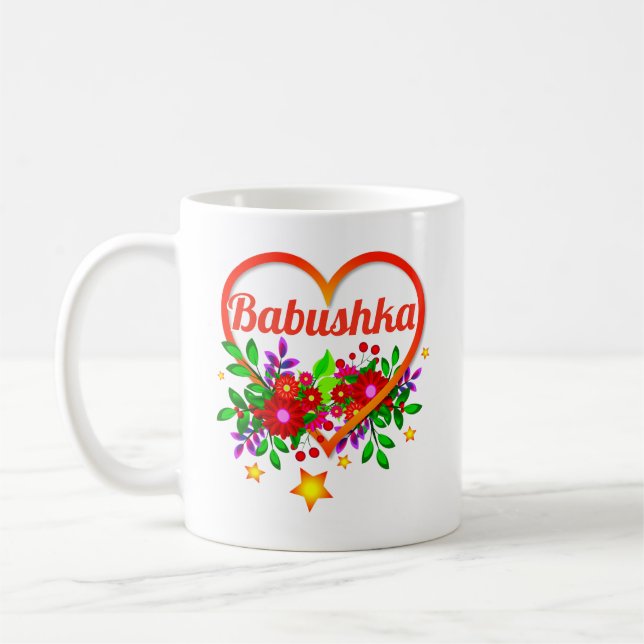 Byt mormor Namn - Babushka Heart & Flowers Kaffemugg (Vänster)
