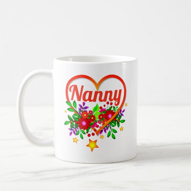 Byt mormor Namn - Nanny - Heart & Flowers Kaffemugg (Vänster)