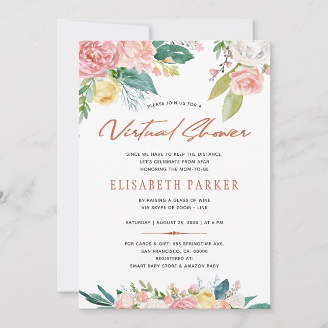 Byt planer rosa blommig virtuell baby shower inbjudningar (Framsida)