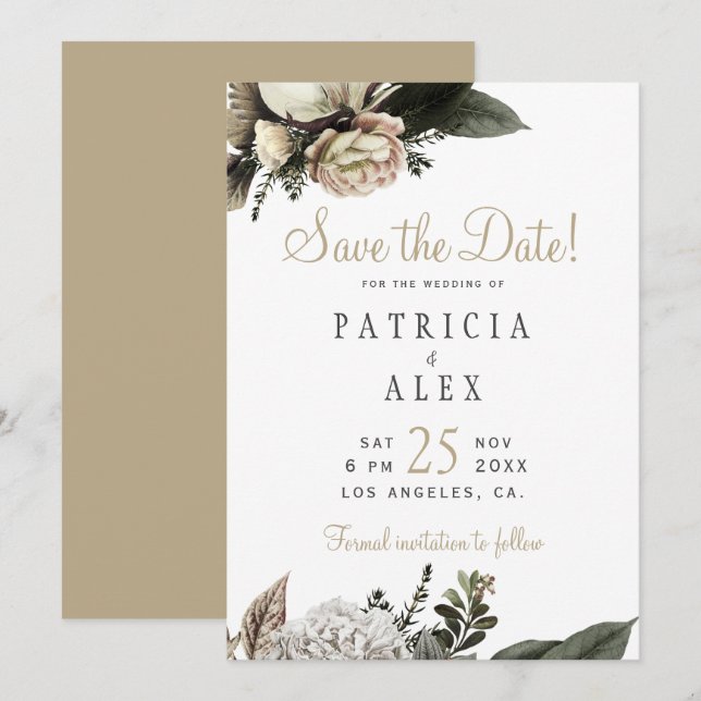 Byt vit blommigt elegant bröllop spara datumet (Fram/baksida)