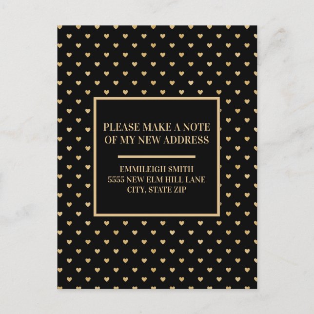 Byte av Adress Elegant Black Guld Hearts Vykort (Framsida)