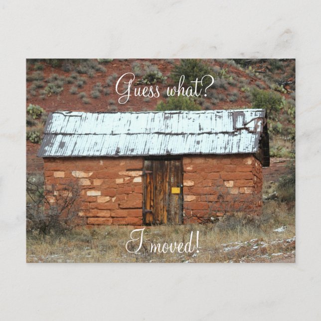 Byte av adress, gammal röd sten-stuga meddelande vykort (Framsida)