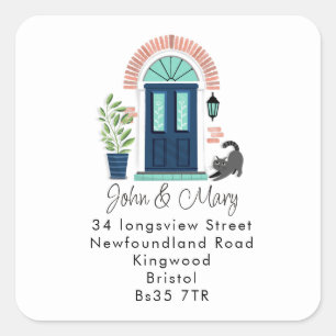 Byte av Adress-klistermärke Blå ytterdörr och Katt Fyrkantigt Klistermärke